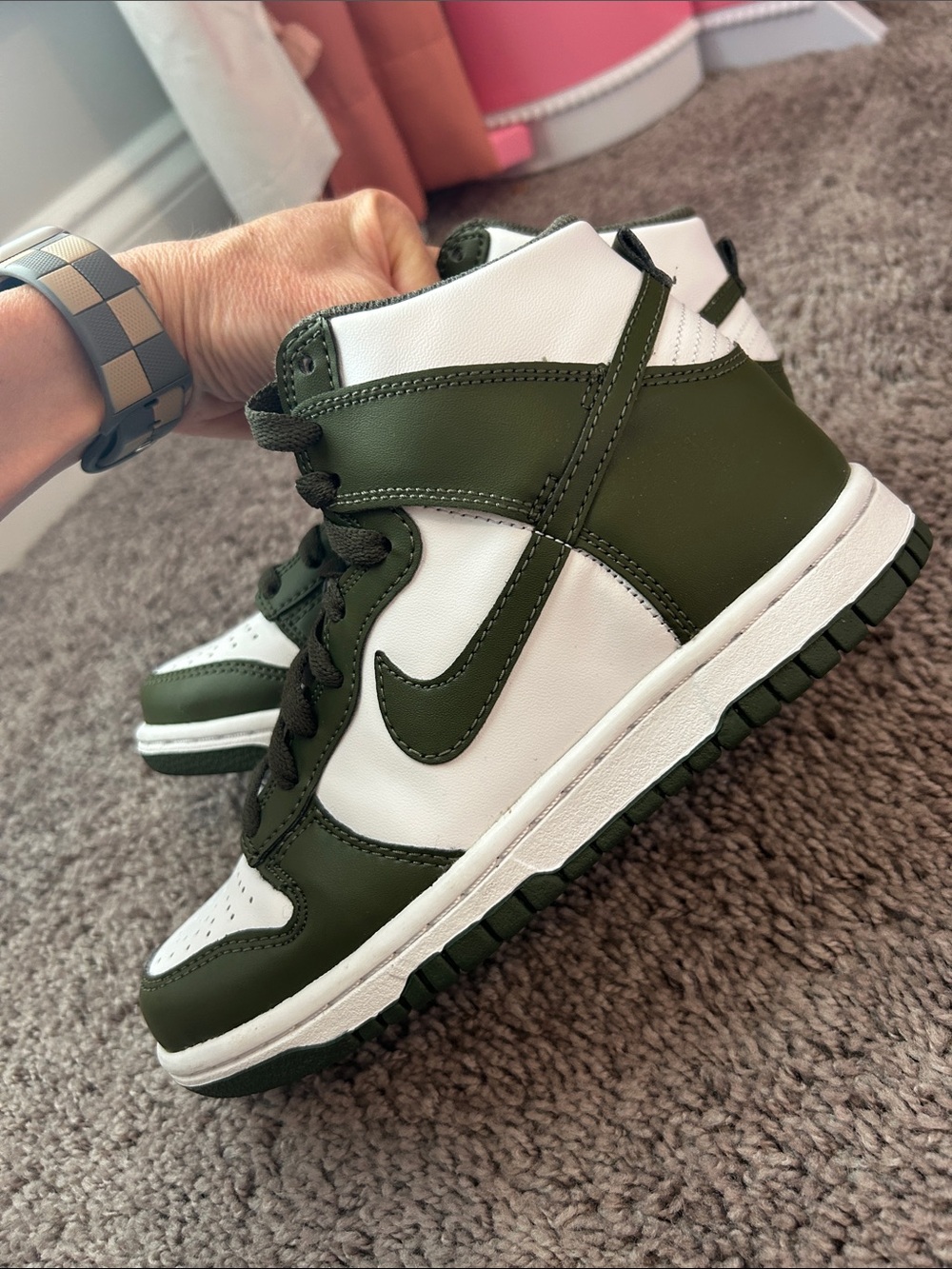 Nike Kids High-Top Dunk Sneakers in White and Olive Green